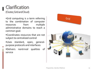 Clarification
(Cluster,Grid andCloud)
•Grid computing is a term referring

to the combination of computer
resources
from
multiple
administrative domains to reach a
common goal.
Coordinates resources that are not

subject to centralized control
Uses

standard, open, generalpurpose protocols and interfaces
Delivers

nontrivial

qualities

of

service

Prepared by: Jitendra S Rathore

22

 