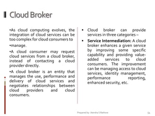 Cloud Broker
•As cloud computing evolves, the

integration of cloud services can be
too complex for cloud consumers to
•manage.
•A cloud consumer may request
cloud services from a cloud broker,
instead of contacting a cloud
provider directly.
•A cloud broker is an entity that
manages the use, performance and
delivery of cloud services and
negotiates relationships between
cloud
providers
and
cloud
consumers.

 Cloud

broker can provide
services in three categories –
 Service Intermediation: A cloud
broker enhances a given service
by improving some specific
capability and providing valueadded
services
to
cloud
consumers. The improvement
can be managing access to cloud
services, identity management,
performance
reporting,
enhanced security, etc.

Prepared by: Jitendra S Rathore

54

 