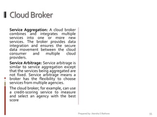 Cloud Broker
Service Aggregation: A cloud broker
combines and integrates multiple
services into one or more new
services. The broker provides data
integration and ensures the secure
data movement between the cloud
consumer
and
multiple
cloud
providers.
Service Arbitrage: Service arbitrage is
similar to service aggregation except
that the services being aggregated are
not fixed. Service arbitrage means a
broker has the flexibility to choose
services from multiple agencies.
The cloud broker, for example, can use
a credit-scoring service to measure
and select an agency with the best
score
Prepared by: Jitendra S Rathore

55

 