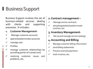 Business Support
Business Support involves the set of
business-related services dealing
with
clients
and
supporting
processes . It includes1.

Customer Management-



Manage customer accounts

Manage service contracts



setup/negotiate/close/terminate
contract, etc.



open/close/terminate accounts



manage user



Profiles



manage customer relationships by
providing points-of-contact and
resolving customer
problems, etc.



3. Inventory Management-





2. Contract management –

Set up and manage service catalogs

4. Accounting and Billing



issues

and

Manage customer billing information
send billing statements



Process received payments



track invoices, etc.

60

 