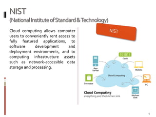 NIST
(National Institute of Standard &Technology)
Cloud computing allows computer
users to conveniently rent access to
fully featured applications, to
software
development
and
deployment environments, and to
computing infrastructure assets
such as network-accessible data
storage and processing.

9

 