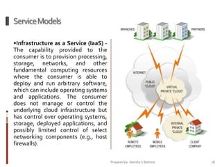 Service Models
Infrastructure as a Service (IaaS) -

The capability provided to the
consumer is to provision processing,
storage, networks, and other
fundamental computing resources
where the consumer is able to
deploy and run arbitrary software,
which can include operating systems
and applications. The consumer
does not manage or control the
underlying cloud infrastructure but
has control over operating systems,
storage, deployed applications, and
possibly limited control of select
networking components (e.g., host
firewalls).
Prepared by: Jitendra S Rathore

16

 