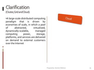 Clarification
(Cluster,Grid andCloud)
•A large-scale distributed computing

paradigm that is driven by
economies of scale, in which a pool
of
abstracted,
virtualized,
dynamically-scalable,
managed
computing
power,
storage,
platforms, and services are delivered
on demand to external customers
over the Internet

Prepared by: Jitendra S Rathore

25

 