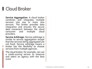 Cloud Broker
Service Aggregation: A cloud broker
combines and integrates multiple
services into one or more new
services. The broker provides data
integration and ensures the secure
data movement between the cloud
consumer
and
multiple
cloud
providers.
Service Arbitrage: Service arbitrage is
similar to service aggregation except
that the services being aggregated are
not fixed. Service arbitrage means a
broker has the flexibility to choose
services from multiple agencies.
The cloud broker, for example, can use
a credit-scoring service to measure
and select an agency with the best
score
Prepared by: Jitendra S Rathore

55

 