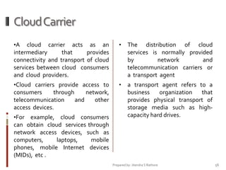 Cloud Carrier
•A

cloud carrier acts as an
intermediary
that
provides
connectivity and transport of cloud
services between cloud consumers
and cloud providers.

•

The distribution of cloud
services is normally provided
by
network
and
telecommunication carriers or
a transport agent

•Cloud carriers provide access to

•

a transport agent refers to a
business
organization
that
provides physical transport of
storage media such as highcapacity hard drives.

consumers
through
network,
telecommunication
and
other
access devices.
•For

example, cloud consumers
can obtain cloud services through
network access devices, such as
computers,
laptops,
mobile
phones, mobile Internet devices
(MIDs), etc .

Prepared by: Jitendra S Rathore

56

 
