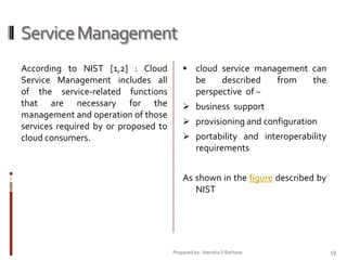 Service Management
According to NIST [1,2] : Cloud
Service Management includes all
of the service-related functions
that are necessary for the
management and operation of those
services required by or proposed to
cloud consumers.

 cloud service management can

be
described
perspective of –

from

the

 business support
 provisioning and configuration
 portability and interoperability

requirements
As shown in the figure described by
NIST

Prepared by: Jitendra S Rathore

59

 