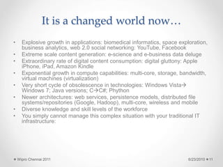 It is a changed world now…
• Explosive growth in applications: biomedical informatics, space exploration,
business analytics, web 2.0 social networking: YouTube, Facebook
• Extreme scale content generation: e-science and e-business data deluge
• Extraordinary rate of digital content consumption: digital gluttony: Apple
iPhone, iPad, Amazon Kindle
• Exponential growth in compute capabilities: multi-core, storage, bandwidth,
virtual machines (virtualization)
• Very short cycle of obsolescence in technologies: Windows Vista
Windows 7; Java versions; CC#; Phython
• Newer architectures: web services, persistence models, distributed file
systems/repositories (Google, Hadoop), multi-core, wireless and mobile
• Diverse knowledge and skill levels of the workforce
• You simply cannot manage this complex situation with your traditional IT
infrastructure:
6/23/2010
Wipro Chennai 2011 11
 