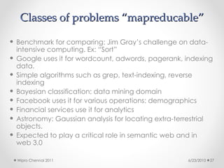 Classes of problems “mapreducable”
Classes of problems “mapreducable”
 Benchmark for comparing: Jim Gray’s challenge on data-
intensive computing. Ex: “Sort”
 Google uses it for wordcount, adwords, pagerank, indexing
data.
 Simple algorithms such as grep, text-indexing, reverse
indexing
 Bayesian classification: data mining domain
 Facebook uses it for various operations: demographics
 Financial services use it for analytics
 Astronomy: Gaussian analysis for locating extra-terrestrial
objects.
 Expected to play a critical role in semantic web and in
web 3.0
6/23/2010
Wipro Chennai 2011 27
 