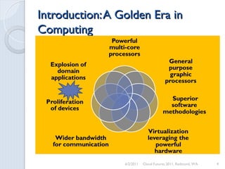 Introduction:A Golden Era in
Introduction:A Golden Era in
Computing
Computing
6/2/2011 Cloud Futures 2011, Redmond, WA 4
 