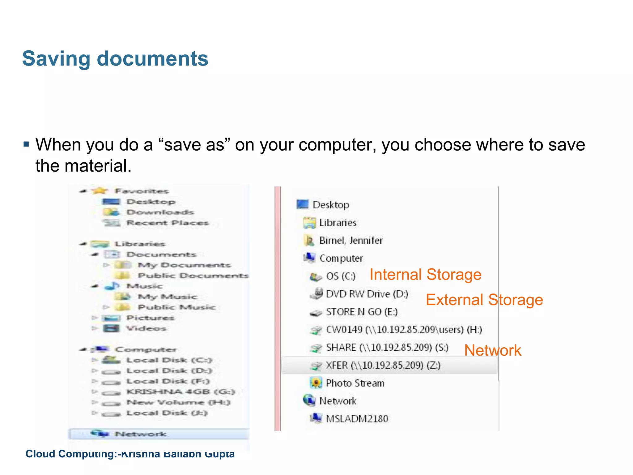  When you do a “save as” on your computer, you choose where to save
the material.
Saving documents
Internal Storage
External Storage
Network
Cloud Computing:-Krishna Ballabh Gupta
 
