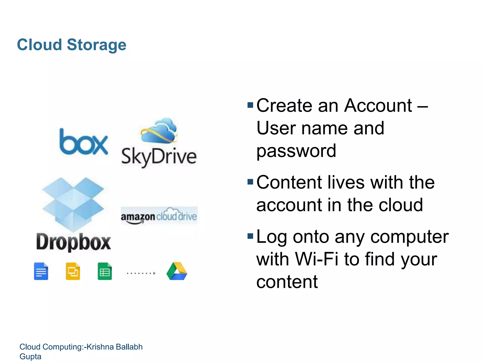 Create an Account –
User name and
password
Content lives with the
account in the cloud
Log onto any computer
with Wi-Fi to find your
content
Cloud Storage
Cloud Computing:-Krishna Ballabh
Gupta
 