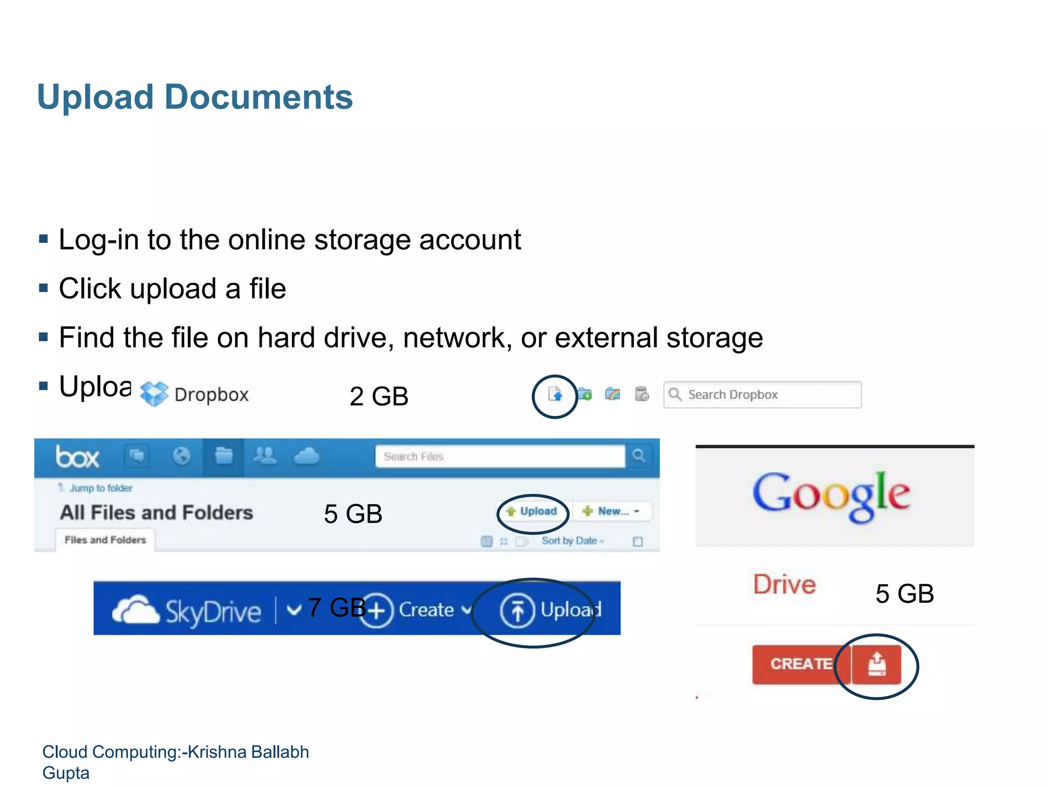  Log-in to the online storage account
 Click upload a file
 Find the file on hard drive, network, or external storage
 Upload to cloud storage
Upload Documents
5 GB
5 GB
2 GB
7 GB
Cloud Computing:-Krishna Ballabh
Gupta
 