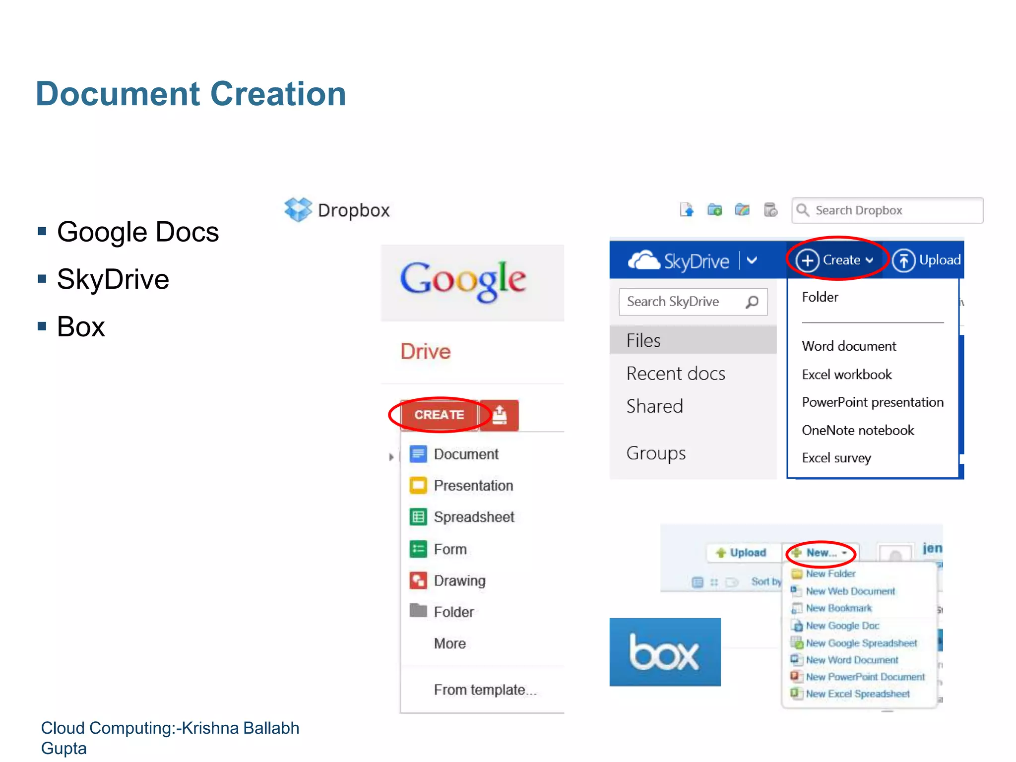  Google Docs
 SkyDrive
 Box
Document Creation
Cloud Computing:-Krishna Ballabh
Gupta
 