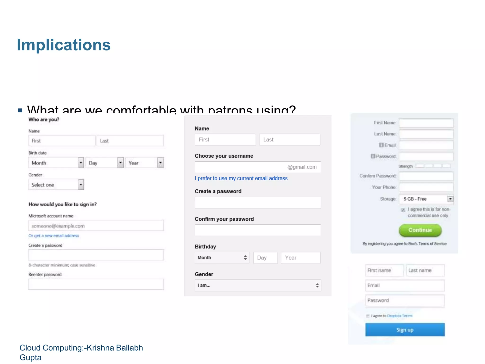  What are we comfortable with patrons using?
Implications
Cloud Computing:-Krishna Ballabh
Gupta
 