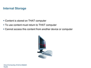  Content is stored on THAT computer
 To use content must return to THAT computer
 Cannot access this content from another device or computer
Internal Storage
Cloud Computing:-Krishna Ballabh
Gupta
 