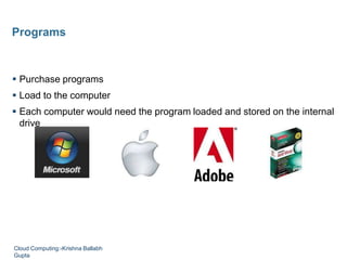  Purchase programs
 Load to the computer
 Each computer would need the program loaded and stored on the internal
drive
Programs
Cloud Computing:-Krishna Ballabh
Gupta
 