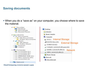  When you do a “save as” on your computer, you choose where to save
the material.
Saving documents
Internal Storage
External Storage
Network
Cloud Computing:-Krishna Ballabh Gupta
 