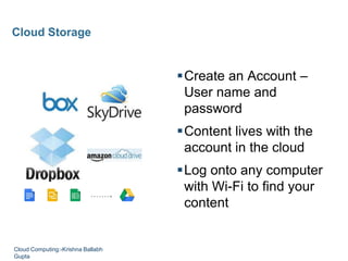Create an Account –
User name and
password
Content lives with the
account in the cloud
Log onto any computer
with Wi-Fi to find your
content
Cloud Storage
Cloud Computing:-Krishna Ballabh
Gupta
 