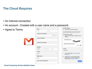  An Internet connection
 An account - Created with a user name and a password
 Agree to Terms
The Cloud Requires
Cloud Computing:-Krishna Ballabh Gupta
 