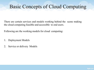 Basic Concepts of Cloud Computing
There are certain services and models working behind the scene making
the cloud computing feasible and accessible to end users.
Following are the working models for cloud computing:
1. Deployment Models
2. Service or delivery Models
 