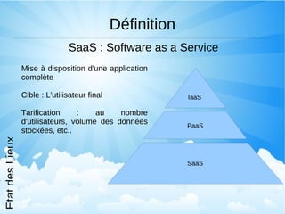 Le présent et le futur du cloud computing Les revenus mondiaux des services de cloud computing devraient dépasser 56,3 milliards de dollars en 2009, soit une hausse de 21,3% par rapport à 2008. Le marché devrait atteindre 150,1 milliards de dollars en 2013.  Source : Gartner Group  40% des développeurs open source prévoient de mettre à disposition leurs applications au travers de services de cloud computing Source : Evans Data  Etat des Lieux 