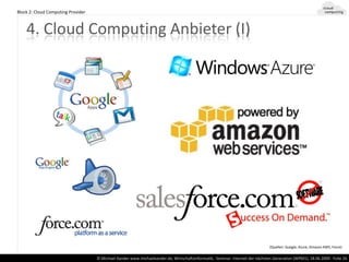 Block 2: Cloud Computing Provider



    4. Cloud Computing Anbieter (I)




                                                                                                                               (Quellen: Google, Azure, Amazon AWS, Force)

                                    © Michael Xander www.michaelxander.de, Wirtschaftsinformatik, Seminar: Internet der nächsten Generation (WPM1), 18.06.2009 - Folie 26
 