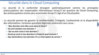 Bouryt Mise à jour 2020
La sécurité et la conformité émergent systématiquement comme les principales
préoccupations des responsables informatiques lorsqu'il est question de Cloud Computing,
des préoccupations encore plus accentuées lorsqu'il s'agit d’un Cloud public.
La sécurité permet de garantir la confidentialité, l'intégrité, l'authenticité et la disponibilité
des informations. Certaines questions légitimes reviennent sans cesse :
Mes données sont-elles sures dans le Cloud ?
Où sont stockées mes données ?
Qui va avoir accès à mes données ?
Aurais-je accès à mes données à n'importe quel moment ?
Que deviendrons mes données s'il y a interruption du service ?
Sécurité dans le Cloud Computing
 