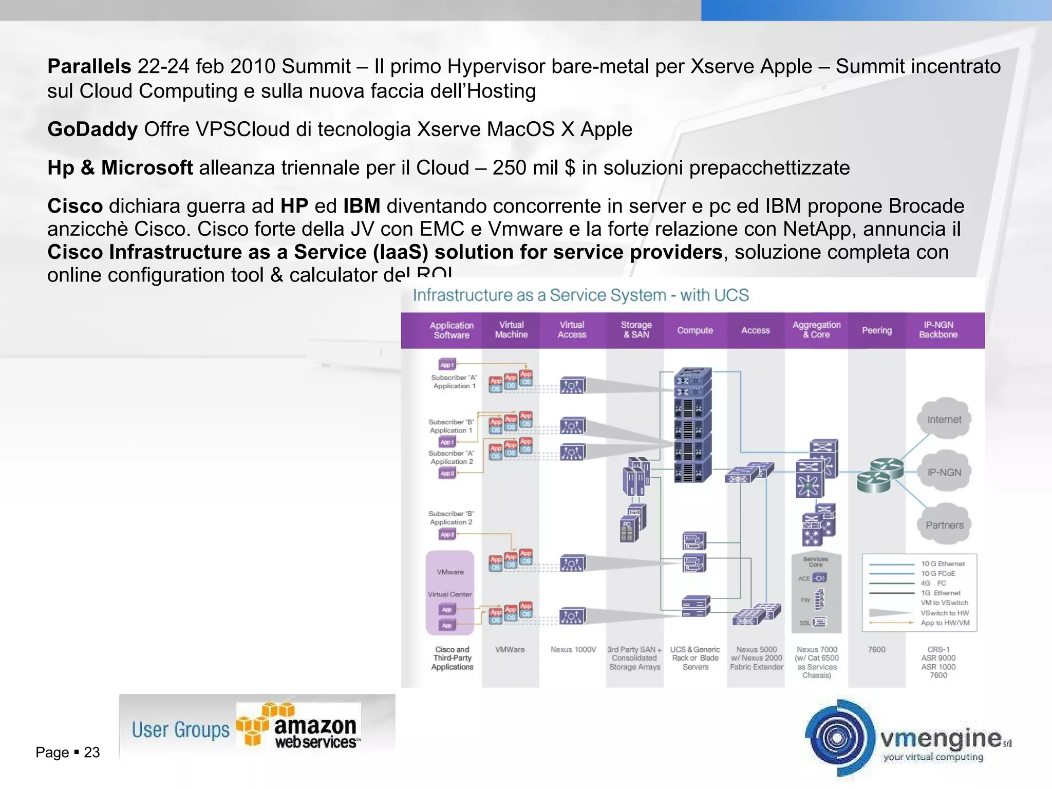 Parallels  22-24 feb 2010 Summit – Il primo Hypervisor bare-metal per Xserve Apple – Summit incentrato sul Cloud Computing e sulla nuova faccia dell’Hosting GoDaddy  Offre VPSCloud di tecnologia Xserve MacOS X Apple Hp & Microsoft  alleanza triennale per il Cloud – 250 mil $ in soluzioni prepacchettizzate Cisco  dichiara guerra ad  HP  ed  IBM  diventando concorrente in server e pc ed IBM propone Brocade anzicchè Cisco. Cisco forte della JV con EMC e Vmware e la forte relazione con NetApp, annuncia il  Cisco Infrastructure as a Service (IaaS) solution for service providers , soluzione completa con online configuration tool & calculator del ROI Page     