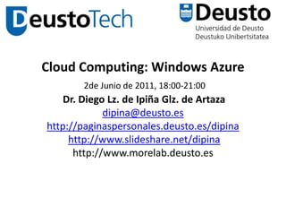 Cloud Computing: Windows Azure2de Junio de 2011, 18:00-21:00 Dr. Diego Lz. de Ipiña Glz. de Artazadipina@deusto.eshttp://paginaspersonales.deusto.es/dipinahttp://www.slideshare.net/dipinahttp://www.morelab.deusto.es 