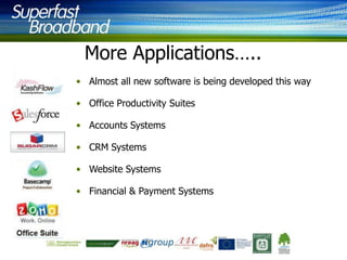 More Applications…..
• Almost all new software is being developed this way
• Office Productivity Suites
• Accounts Systems
• CRM Systems
• Website Systems
• Financial & Payment Systems

 