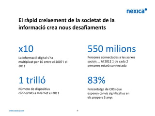 El ràpid creixement de la societat de la
informació crea nous desafiaments


x10                                           550 milions
La informació digital s’ha                    Persones connectades a les xarxes
multiplicat per 10 entre el 2007 i el         socials ... Al 2012 1 de cada 2
2011                                          persones estarà connectada



1 trilló                                      83%
Número de dispositius                         Percentatge de CIOs que
connectats a Internet el 2011                 esperen canvis significatius en
                                              els propers 3 anys


                                        -3-
 