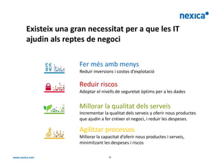 Existeix una gran necessitat per a que les IT
ajudin als reptes de negoci

               Fer més amb menys
               Reduir inversions i costos d’explotació

               Reduir riscos
               Adoptar el nivells de seguretat òptims per a les dades


               Millorar la qualitat dels serveis
               Incrementar la qualitat dels serveis y oferir nous productes
               que ajudin a fer créixer el negoci, i reduir les despeses.

               Agilitzar processos
               Millorar la capacitat d’oferir nous productes i serveis,
               minimitzant les despeses i riscos

                              -5-
 