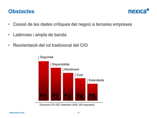 Obstacles

• Cessió de les dades crítiques del negoci a terceres empreses

• Latències i ampla de banda

• Reorientació del rol tradicional del CIO

                Seguretat

                          Disponibilitat
                                     Rendiment
                                               Cost
                                                         Estandards




                #1        #2         #3        #4         #5
                Enquesta CIO (IDC Setembre 2009; 263 respostes)


                                                -9-
 