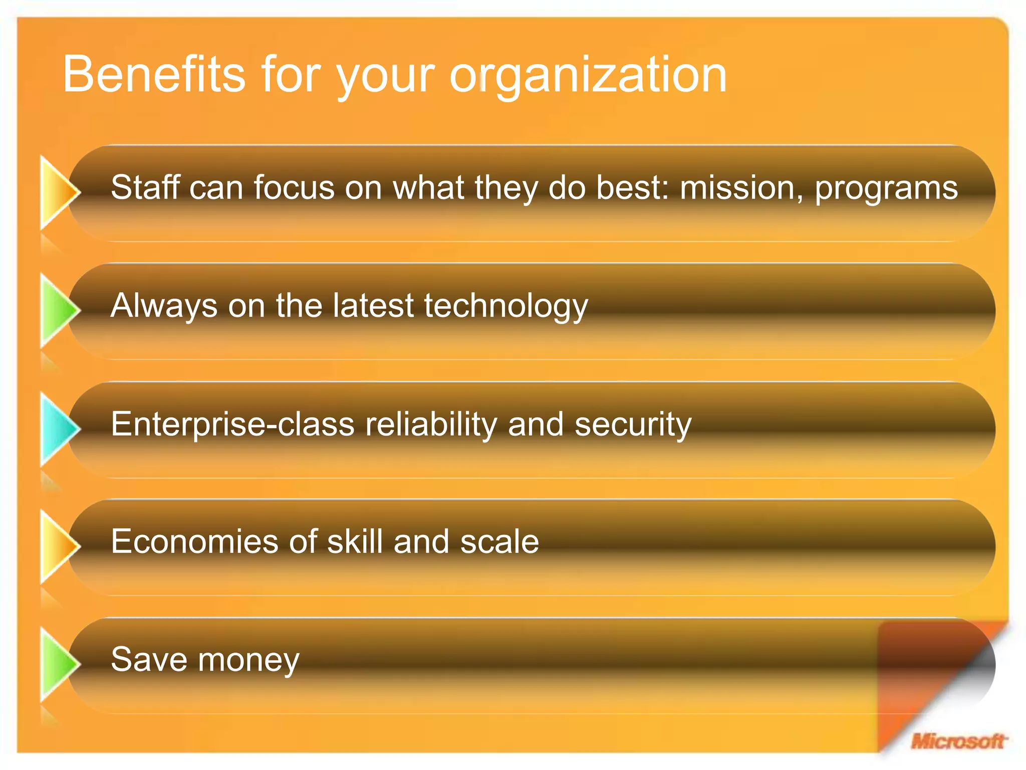 Benefits for your organizationStaff can focus on what they do best: mission, programsAlways on the latest technologyEnterprise-class reliability and securityEconomies of skill and scaleSave money