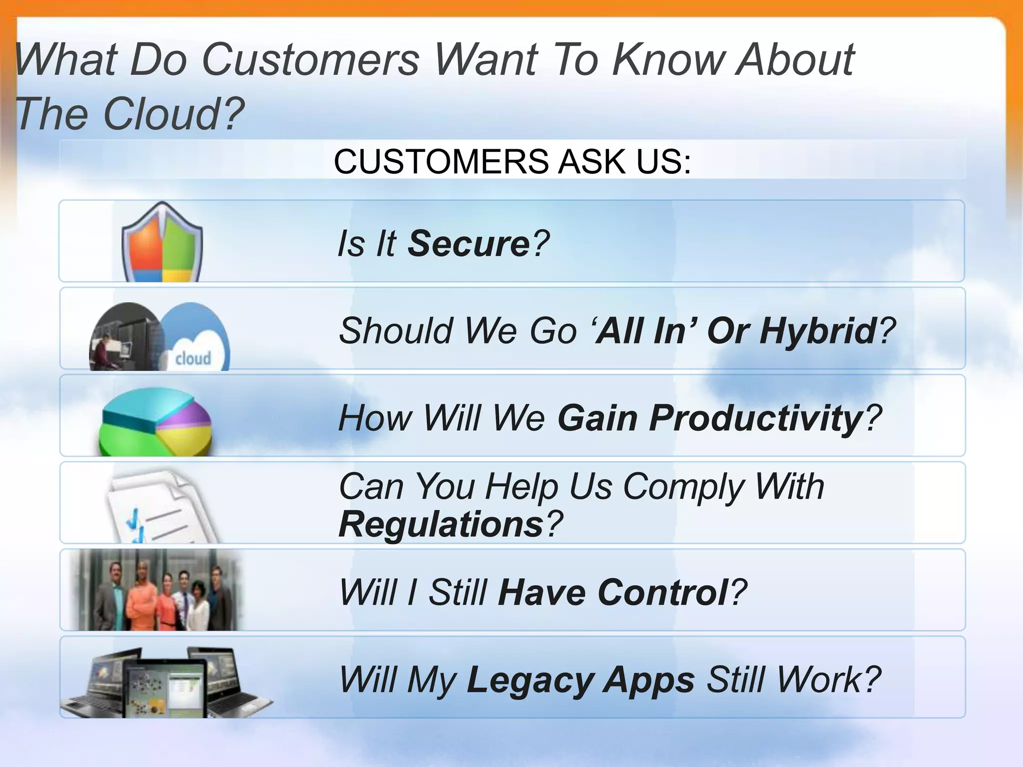 What Do Customers Want To Know About The Cloud?CUSTOMERS ASK US:Is It Secure?Should We Go ‘All In’ Or Hybrid?How Will We Gain Productivity?Can You Help Us Comply With Regulations?Will I Still Have Control?Will My Legacy Apps Still Work?