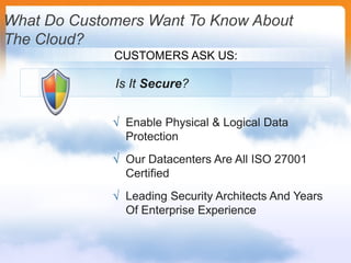 What Do Customers Want To Know About The Cloud?CUSTOMERS ASK US:Is It Secure?Enable Physical & Logical Data Protection