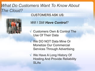 You Can Migrate Specific UsersWhat Do Customers Want To Know About The Cloud?CUSTOMERS ASK US:How Will We Gain Productivity?End Users Have ‘Anywhere Access’ To Data & Applications