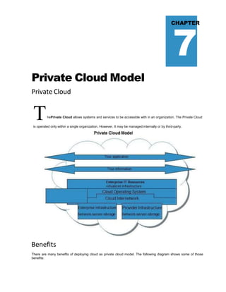 7
CHAPTER
Private Cloud Model
Private Cloud
ThePrivate Cloud allows systems and services to be accessible with in an organization. The Private Cloud
is operated only within a single organization. However, It may be managed internally or by third-party.
Benefits
There are many benefits of deploying cloud as private cloud model. The following diagram shows some of those
benefits:
 