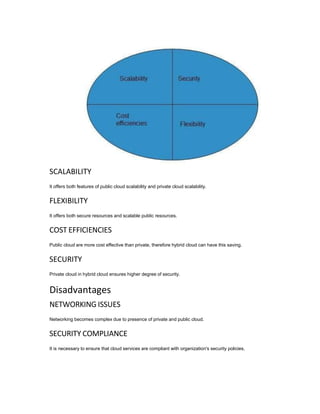 SCALABILITY
It offers both features of public cloud scalability and private cloud scalability.
FLEXIBILITY
It offers both secure resources and scalable public resources.
COST EFFICIENCIES
Public cloud are more cost effective than private, therefore hybrid cloud can have this saving.
SECURITY
Private cloud in hybrid cloud ensures higher degree of security.
Disadvantages
NETWORKING ISSUES
Networking becomes complex due to presence of private and public cloud.
SECURITY COMPLIANCE
It is necessary to ensure that cloud services are compliant with organization's security policies.
 