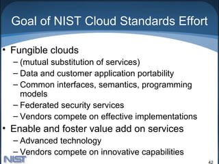 Goal of NIST Cloud Standards Effort

• Fungible clouds
  – (mutual substitution of services)
  – Data and customer application portability
  – Common interfaces, semantics, programming
    models
  – Federated security services
  – Vendors compete on effective implementations
• Enable and foster value add on services
  – Advanced technology
  – Vendors compete on innovative capabilities
                                                   42
 