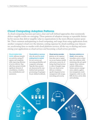 6   Cloud Computing on a Smarter Planet




Cloud Computing Adoption Patterns
As cloud computing becomes pervasive, clear and well-defined approaches that consistently
deliver tangible results are emerging. These patterns of adoption emerge as repeatable formu-
las for success that deliver tangible value to organizations in the most efficient manner possi-
ble. Their common underpinning is cloud computing, and range from using applications from
another company’s cloud over the internet, cutting expenses by cloud-enabling your datacen-
ter, accelerating time-to-market with cloud platform services, all the way to sharing and mon-
etizing your applications as cloud services and becoming a cloud service provider.

    Cloud enabled data                    Cloud platform services        Cloud service provider        Business solutions on
    center addresses immedi-              solve the need for accel-      patterns are for organiza-    cloud is about gaining
    ate needs for cutting IT              erating time to market         tions that want to capital-   immediate access to enter-
    expense and complexity                for new services and           ize on new business models    prise class solutions while
    while improving efficiency            increasing profitability and   and revenue sources by of-    minimizing risk and capital
    of service delivery. Typi-            competitive advantage.         fering cloud-based services   expense. Some solutions
    cally these projects include          Typically these projects       to others. Examples range     include collaboration,
    significant elements of               are characterized by stan-     from core cloud service       business process manage-
    consolidation, virtualiza-            dardized and automated         delivery to industry-         ment, analytics, applica-
    tion, standardization and             provisioning of topologies     specific integrated service   tion management, email,
    automation.                           for pre-defined workloads.     management with storage,      integration, order-to-cash,
                                                                         networking and security.      B2B, dev/test, service desk,
                                                                                                       and marketing.
 