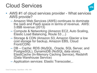 Cloud Computing - OpenStack - VNG - IRD
Cloud Services
• AWS #1 of cloud services provider - What services
AWS provide?
– Amazon Web Services (AWS) continues to dominate
the IaaS and PaaS space in terms of revenue. AWS:
3.8$B revenue (2013)
– Compute & Networking (Amazon EC2, Auto Scaling,
Elastic Load Balancing, Route 53 ,..)
– Storage & CDN (Amazon S3, Amazon Glacier a low
cost storage for backup, Amazon EBS, Cloud
Front/CDN)
– DB – Cache: RDS (MySQL, Oracle, SQL Server, and
PostgreSQL), DynamoDB (NoSQL data store),
ElastiCache (In-Memory Caching Service), Redshift
(Data Warehouse Service)
– Application services: Elastic Transcoder,..
 