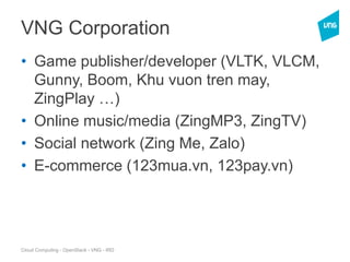 Cloud Computing - OpenStack - VNG - IRD
VNG Corporation
• Game publisher/developer (VLTK, VLCM,
Gunny, Boom, Khu vuon tren may,
ZingPlay …)
• Online music/media (ZingMP3, ZingTV)
• Social network (Zing Me, Zalo)
• E-commerce (123mua.vn, 123pay.vn)
 