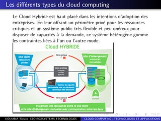 Les diﬀ´erents types du cloud computing
Le Cloud Hybride est haut plac´e dans les intentions d’adoption des
entreprises. En leur oﬀrant un p´erim`etre priv´e pour les ressources
critiques et un syst`eme public tr`es ﬂexible et peu on´ereux pour
disposer de capacit´es `a la demande, ce syst`eme h´et´erog`ene gomme
les contraintes li´ees `a l’un ou l’autre mode.
DOUMBIA Tidiane CEO ROXSYSTEMS TECHNOLOGIES CLOUD COMPUTING : TECHNOLOGIES ET APPLICATIONS
 