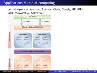 Applications du cloud computing
Les principaux acteurs sont Amazon, Citrix, Google, HP, IBM,
Intel, Microsoft ou SalesForce.
DOUMBIA Tidiane CEO ROXSYSTEMS TECHNOLOGIES CLOUD COMPUTING : TECHNOLOGIES ET APPLICATIONS
 