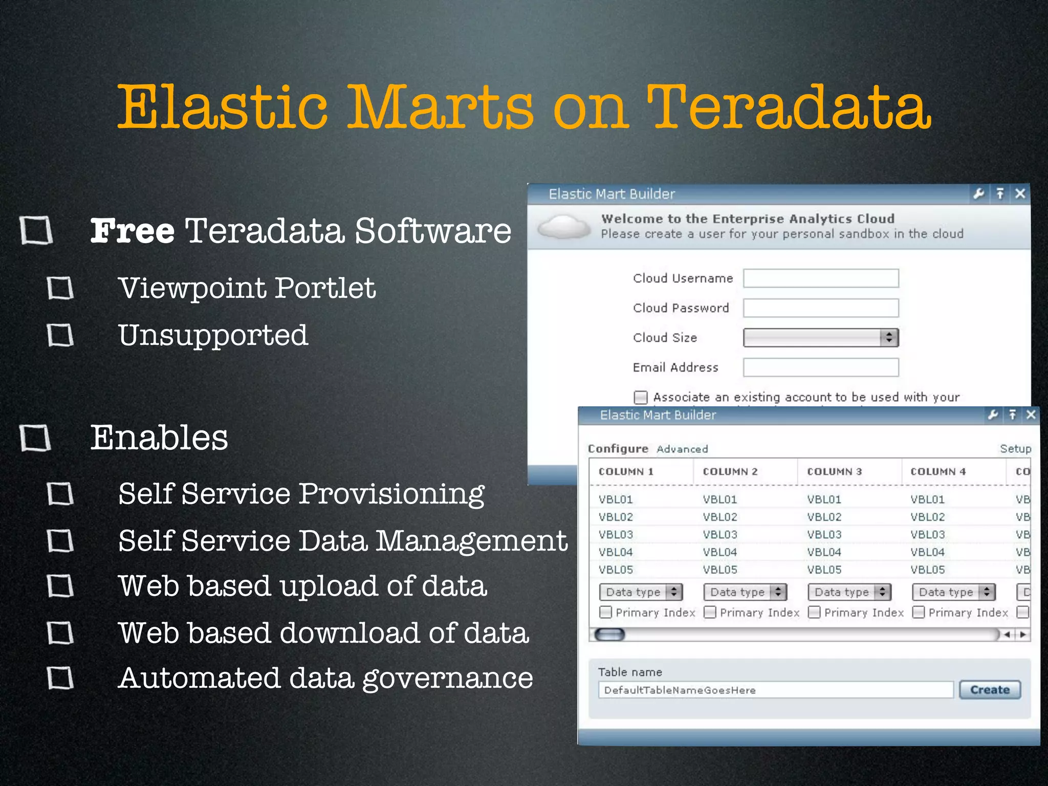 Elastic Marts on Teradata
Free Teradata Software
 Viewpoint Portlet
 Unsupported


Enables
 Self Service Provisioning
 Self Service Data Management
 Web based upload of data
 Web based download of data
 Automated data governance
 