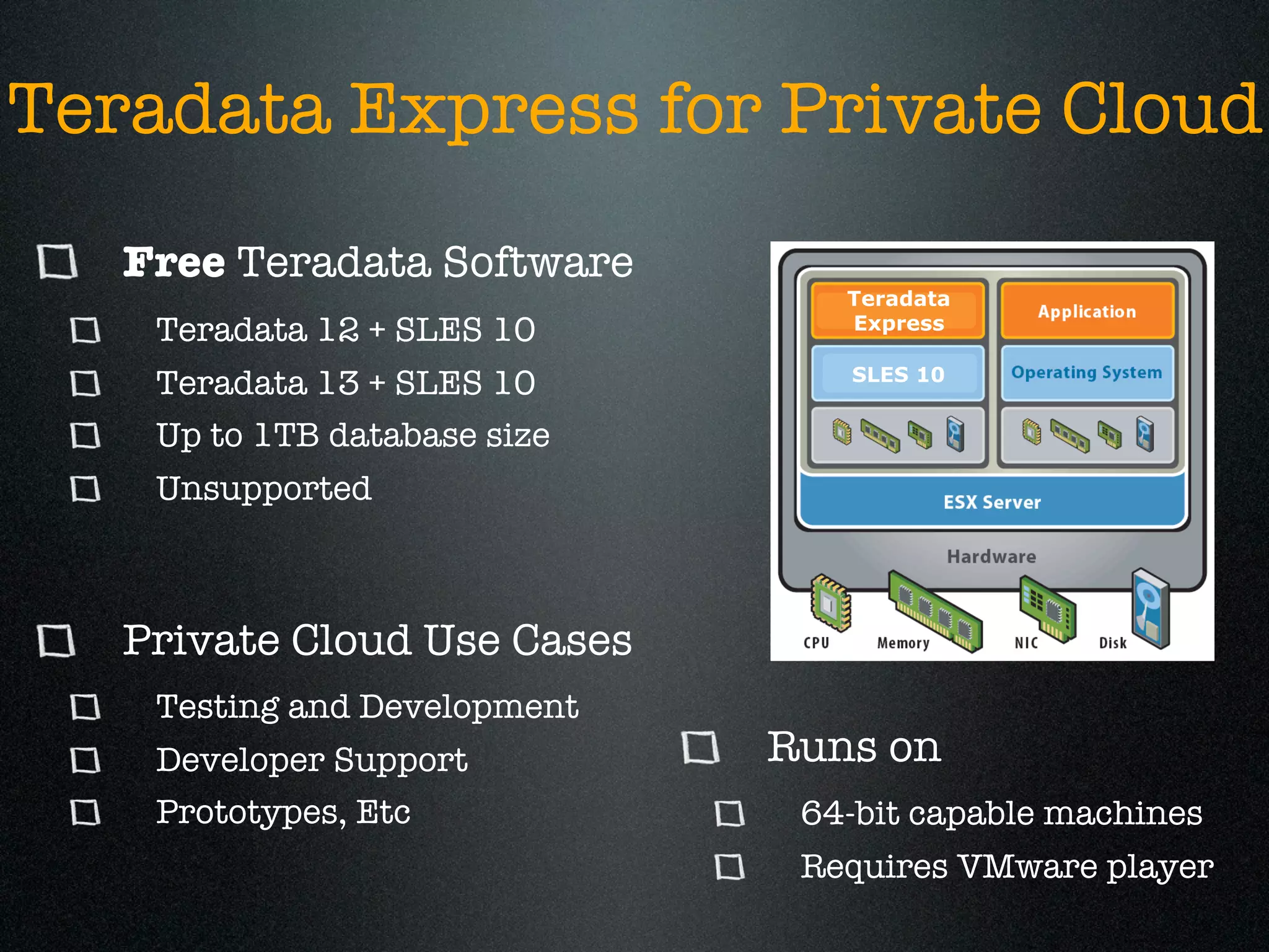 Teradata Express for Private Cloud
   Free Teradata Software
                                 Teradata
    Teradata 12 + SLES 10        Express

                                 SLES 10
    Teradata 13 + SLES 10
    Up to 1TB database size
    Unsupported



   Private Cloud Use Cases
    Testing and Development
    Developer Support         Runs on
    Prototypes, Etc            64-bit capable machines
                               Requires VMware player
 