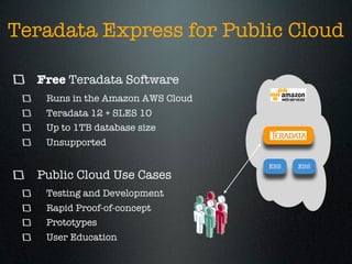 Teradata Express for Public Cloud

  Free Teradata Software
   Runs in the Amazon AWS Cloud
   Teradata 12 + SLES 10
   Up to 1TB database size
   Unsupported

                                  EBS   EBS
  Public Cloud Use Cases
   Testing and Development
   Rapid Proof-of-concept
   Prototypes
   User Education
 