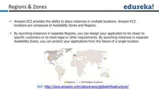 Regions & Zones
 Amazon EC2 provides the ability to place instances in multiple locations. Amazon EC2
locations are composed of Availability Zones and Regions.
 By launching instances in separate Regions, you can design your application to be closer to
specific customers or to meet legal or other requirements. By launching instances in separate
Availability Zones, you can protect your applications from the failure of a single location.
Ref: http://aws.amazon.com/about-aws/globalinfrastructure/
 