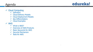 Agenda
 Cloud Computing
 Definition
 Cloud Delivery Models
 Cloud Deployment Models
 Key Differentiators
 Cloud Examples
 AWS





What is AWS?
Overview of AWS Products
Basic Keywords for AWS
Security Mechanism
T
ools for AWS
 